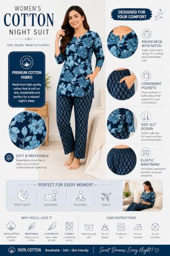 Image of Women's Cotton Night Suit Set, Printed Top and Pyjama, Casual Loungewear Sleepwear for Womens Girls