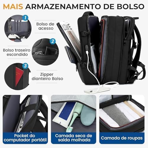 Mochila Couro Reforçada Executiva Grande Mochila para Notebook Trabalho Viagem Escola com Cabo de Aço Impermeável (Preta-Viagem) Mochila Couro Reforçada Executiva Grande Mochila para Notebook Trabalho Viagem Escola com Cabo de Aço Impermeável (Preta-Viagem)