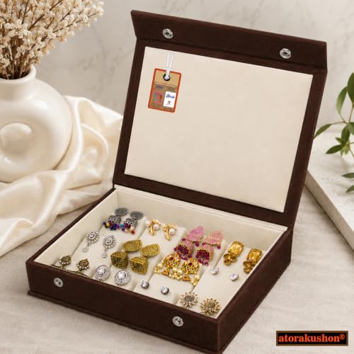 Image of atorakushon Velvet Makeup Earring Storage Box Jhumka Organizer Holder Travel Wedding Set Box 12 Pair Earring Display Try Case Jewellery Box for Women Girls (Brown)