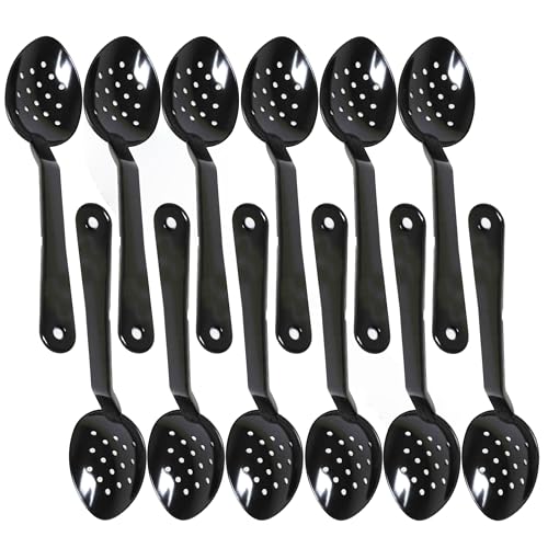 TrueCraftware Set of 12 Perforated 13-Inch Serving Spoon Polycarbonate Black Color- Salad/Buffet Catering Spoons Large Serving Spoons Utensils Serving for Buffet Banquet Flatware Kitchen