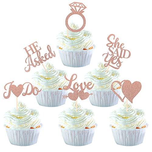 36 Pack He Asked She Said Yes Cupcake Toppers Glitter Ring Love Heart I Do Cupcake Food Picks For Wedding Engagement Bridal Shower Party Cake Decorations Supplies Rose Gold #TOP25