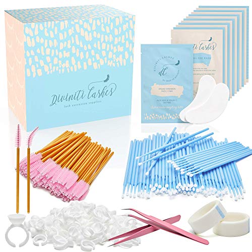 Lash Extension Supplies - Eyelash Extension Supplies - Lash Tech Supplies - 100 Glue Ring Holder | 100 Disposable Mascara Brushes Wands | 100 Micro Applicators Brush | 100 Pairs Under Eye Gel Pads