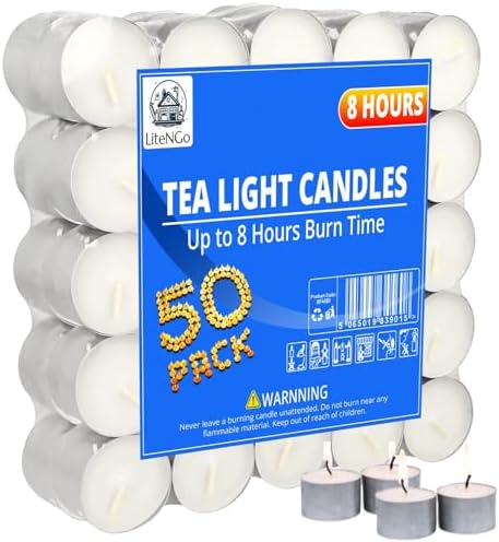 8 Hour Long Burning White Tea Lights - Pack of 50, Premium Quality Unscented Tealight Candles, Ideal for Weddings, Parties, Home Decor, Meditation and Emergency Use