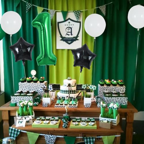 Image of TONIFUL 32 Inch Soccer Balloons Set 1st Birthday Decoration Green Number 1 Foil Soccer Balloon Black Star Balloons for Children's Boys Birthday Party Football Themed Party Supplies