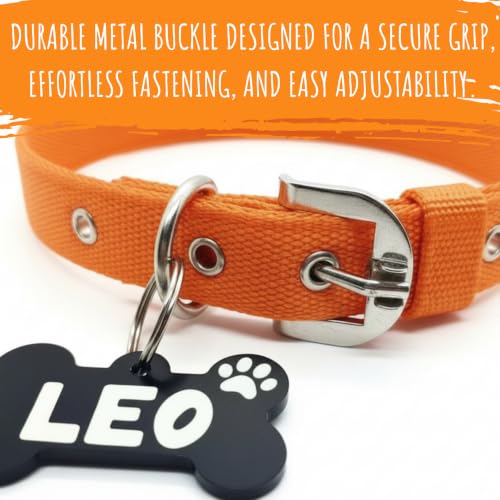 Image of Pawpro Personalized Black Dog Collar Nylon Belt with Customizable Bone Shape Dog Name Tag Soft Comfy Pet Collar for Small Medium Large Dogs (Sunset Orange, Large)