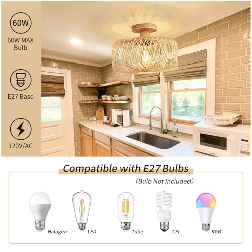 GZZBMY Luminária de teto de montagem embutida com sombra de bambu tecida lustre de vime luminária de