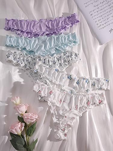 Image of GORGLITTER Women's 5pack Cute Panties Floral Print Low Rise Frilly Panties | Low Waist Underwear Set, Bow Lettuce Trim, Coquette Clothes