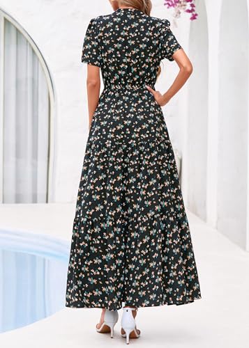 Image of KIRUNDO Womens Floral Boho Flowy Maxi Dress | Short Sleeve, V Neck, Empire Waist, A Line, 2026 Summer Beach Vacation Long Dresses With Pockets, Cocktail Party Outfits