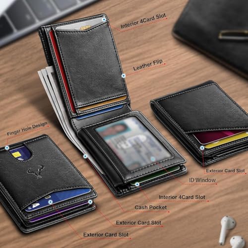 Image of Contacts Slim RFID Blocking Leather Wallet for Men - Minimalist Bifold Card Holder with 11 Slots, ID Window & Cash Pocket - Front Pocket Wallet Gift for Daily Use & Travel (Black)