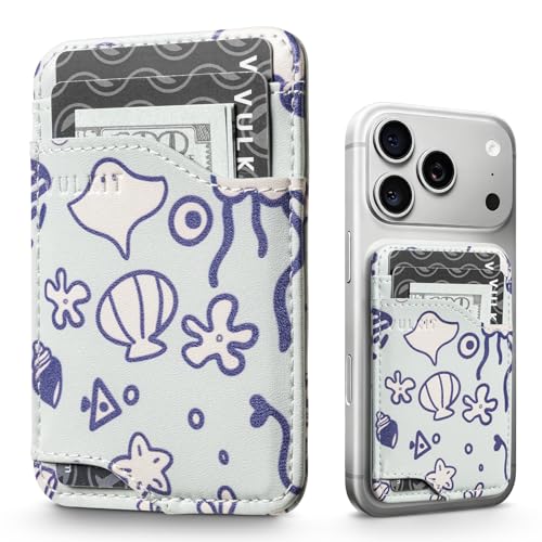 VULKIT Card Holder for Phone Stick on Leather Adhesive Blue Ocean World Design Phone Wallet RFID Blocking Sticky Credit Card Holder Back of Smartphones