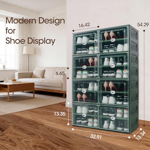 Image of Green Foldable Shoe Storage Cabinet for 32 Pairs with Magnetic Clear Doors, Portable Enclosed Shoe Organizer, 3-Step Quick Assembly for Entryway, Closet, Garage (2 Row, 8 Tier)