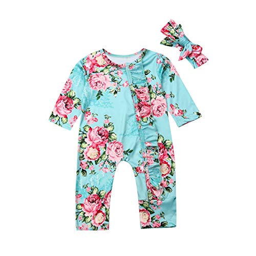 Newborn Baby Girl Clothes Floral Long Sleeve Footless Romper Jumpsuit Cotton Bodysuit+Headband Outfits (Green, 18-24Month)