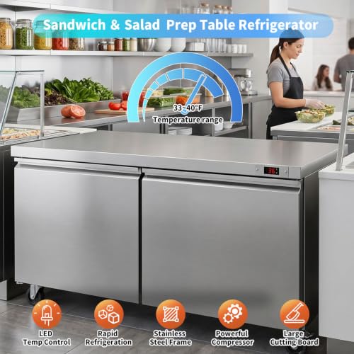 Image of 60.2 inch W Undercounter Worktop Refrigerator Sandwich Salad Prep Table Refrigerator Commercial Refrigerator Stainless Steel Fan Cooling Kitchen Equipment