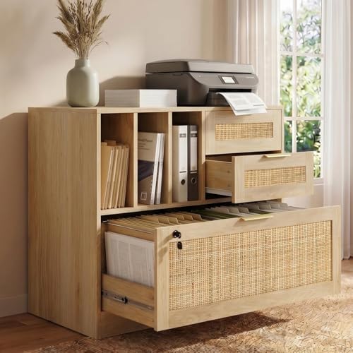 HOPUBUY Drawer File Cabinet with Lock, Wood Rattan Lateral