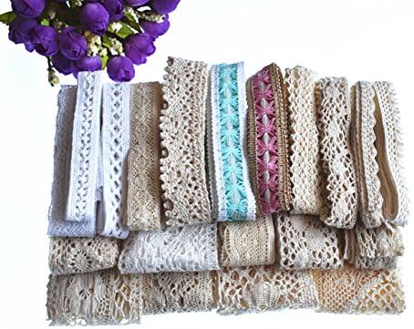 RayLineDo 20 Meters Assorted Vintage Style Cotton Lace Ribbon Trim Bridal Wedding Scalloped Edge Crochet Lace DIY Sewing Accessory Collection C