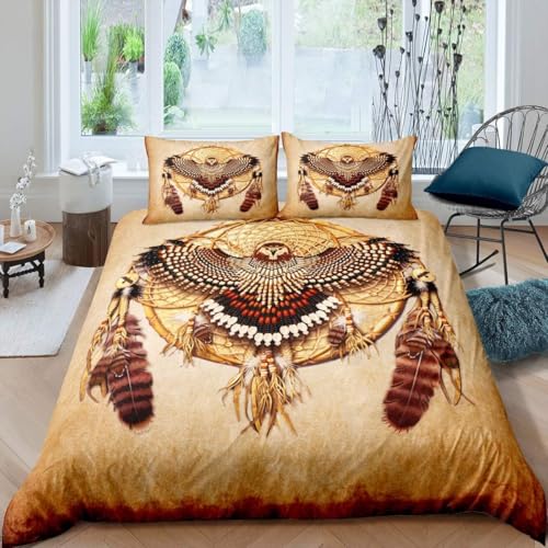 Homemissing Eagle Housse de Couette 220x240cm Dreamcatcher Parure de Lit Oiseau Plumes décoration Sets de Housse de Couette Garçons Filles Enfants Indiens...