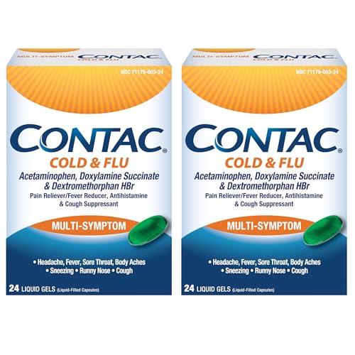 Contac Cold & Flu Medicine Powerful Multi-Symptom Relief Pain Fever Sore Throat Body Aches Sneezing Runny Nose & Cough Flu & Cold Medicine for Adults & Kids 12+ 24 Count Liquid Gels 2 Pack