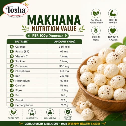 Image of Tosha Jumbo Phool Makhana (Fox Nuts) 250g | 6+ Sutta Extra Large Handpicked Makhana | Premium Jumbo Lotus Seeds | Vacuum Packed | Healthy Crunchy Snack | Gluten Free | Value Pack