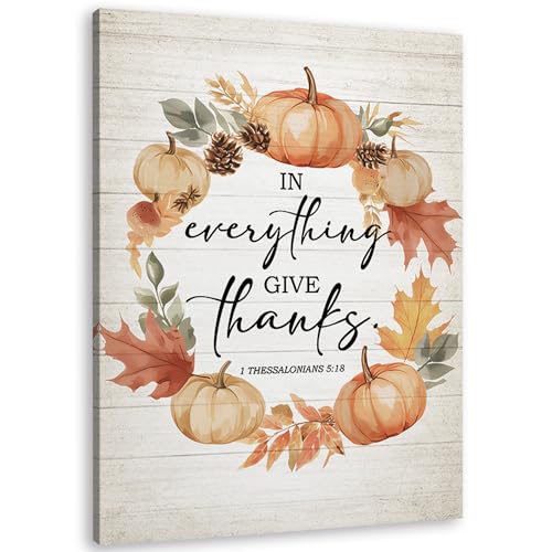 TLESKE Fall Christian Thanksgiving Pumpkins Wall Art Decor, Rustic Autumn Canvas Wall Art Prints for Farmhouse Living Room Bedroom, In Everything Give Thanks Wall Artwork Picture Painting Framed, 11x14