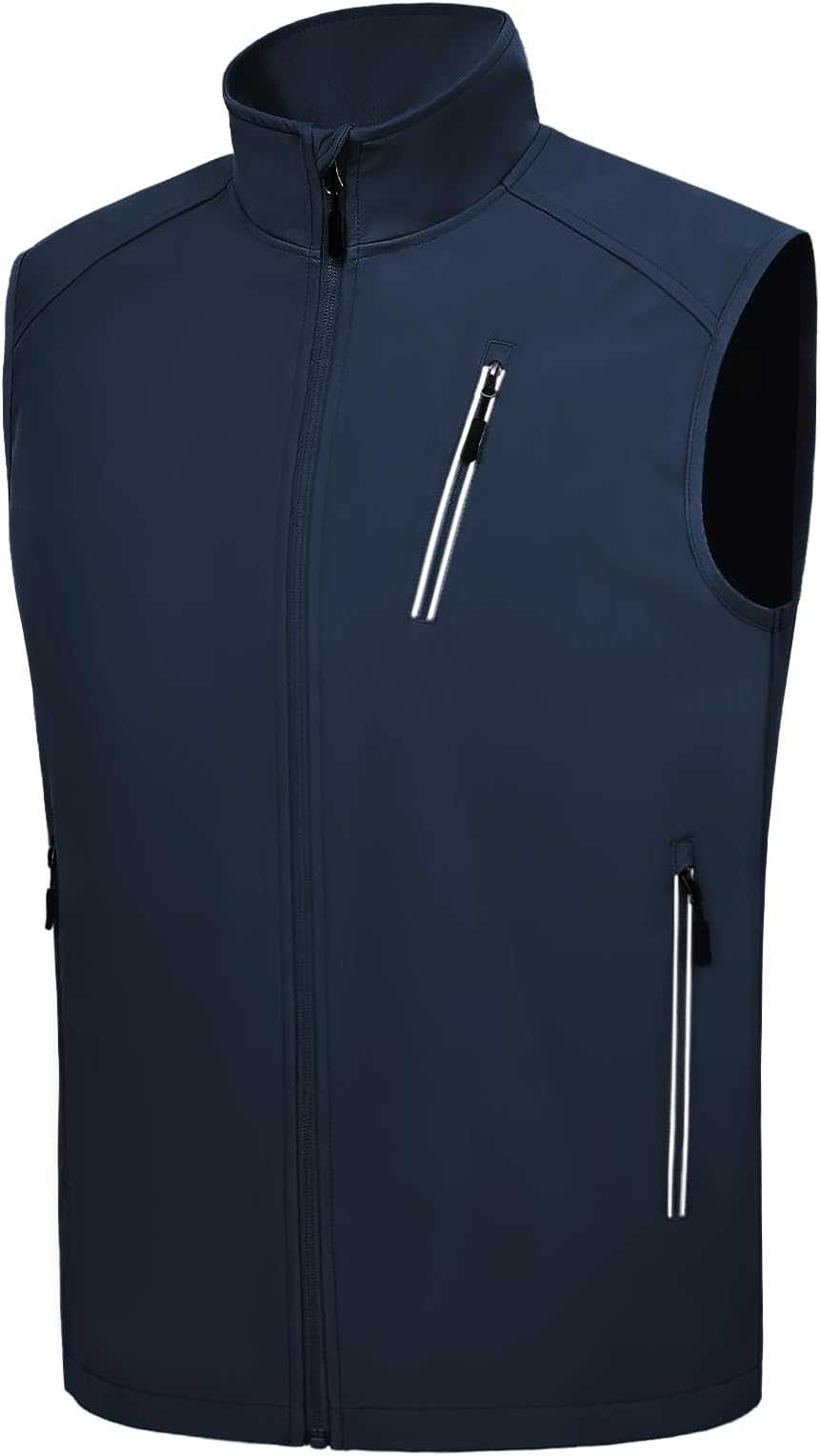 Men's Lightweight Golf Vest Windproof Softshell Vests Outerwear Multi-Pockets Zip Up Sleeveless Jacket