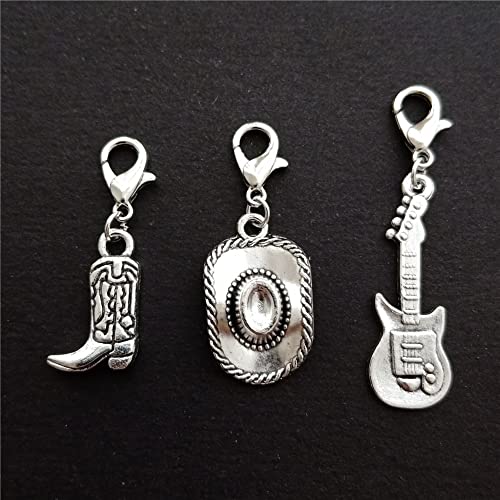 3pc in Set, Cowboy Boot Zipper Pull, Cowboy Hat Clip-on Charm, Tiny Guitar Charm with Clasp