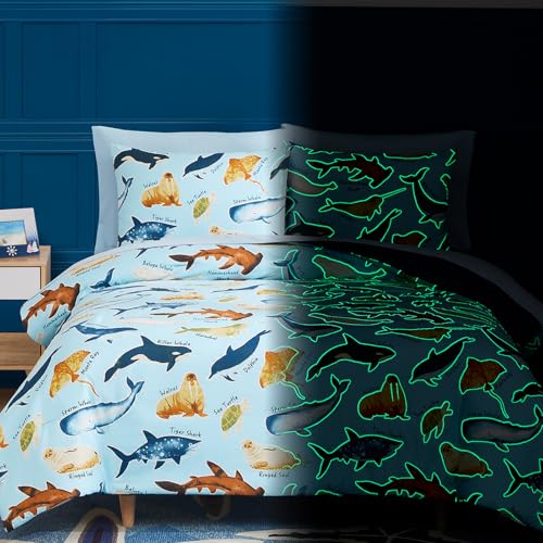 Full Size Comforter Set for Boys-7 Pieces Ocean Animals Glow in The Dark Full Bedding Sets for Kids, Ultra Soft Bed in A Bag with Sheets