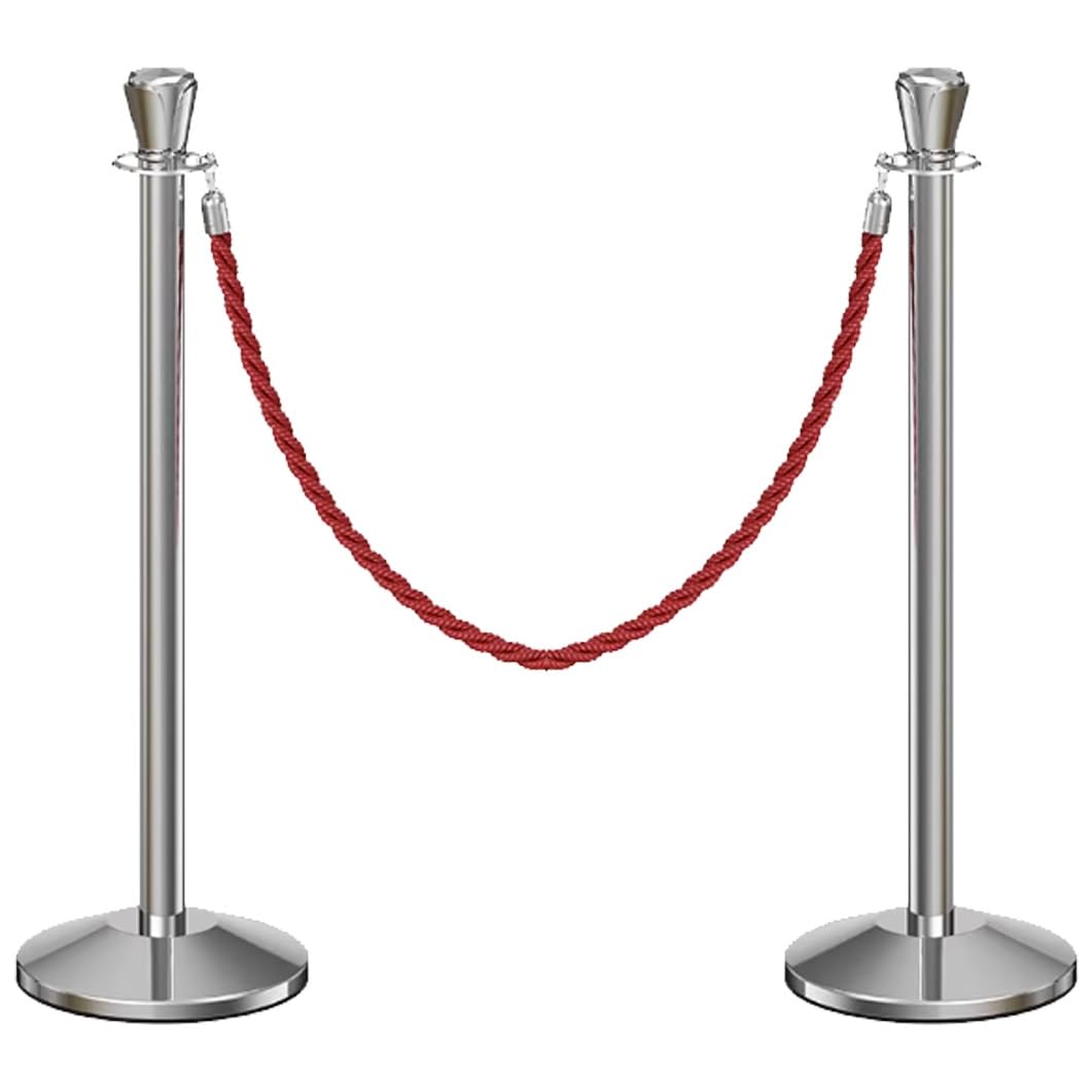 Aioneer Stainless Steel Stanchion Post Set 39.3" Crowd Control Barriers With 4.9Ft Ropes Durable Queue Poles For Events Commercial Grade Stanchions-Silver-2 Pack