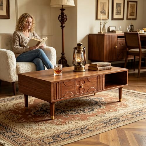 47.2' Coffee Table – Rustic Solid Wood & MDF Coffee Tables, Mid Century Modern Center Table with...
