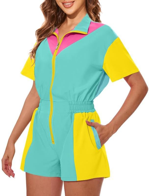 UOUA 80s Outfit Women 90s Jumpsuit Costume One-Piece Workout Track Suit Party Retro Clothing