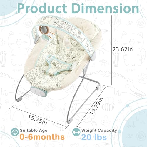 Baby Bouncer, Infants Bouncy Seat with Music and Vibrations,Portable Baby Rocker with Hanging Grasping Toy & Mirror for Newborns Indoor Outdoor Use 0-6 Months Up to 20 lbs - Image 3