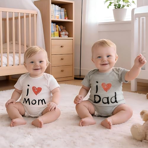 Image of CREVENT Set for Newborns 0-3 Month 100% Cotton Bodysuit- I Love Dad & Mom Onesie 2 Packs (Grey & White Rompers with a Cotton Gift Bag)