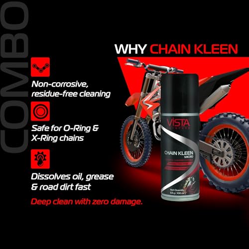 Image of Vista Auto Care Chain Care Combo | Chain Kleen + Chain Lube + Brush | Premium Bike Chain Cleaner & Lubricant Kit | Removes Tough Grease | Prevents Rust | Enhances Chain Life (Chain Care Combo Micro)