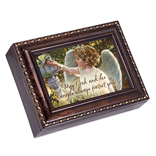 Cottage Garden May God and His Angels Burlwood Rope Trim Jewelry Music Box Plays Amazing Grace