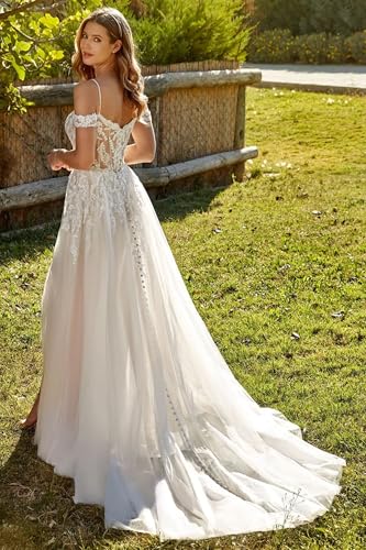 Off Shoulder Tulle Wedding Dress for Bride Lace Applique Spaghetti Straps A-Line Bridal Dress with Train3