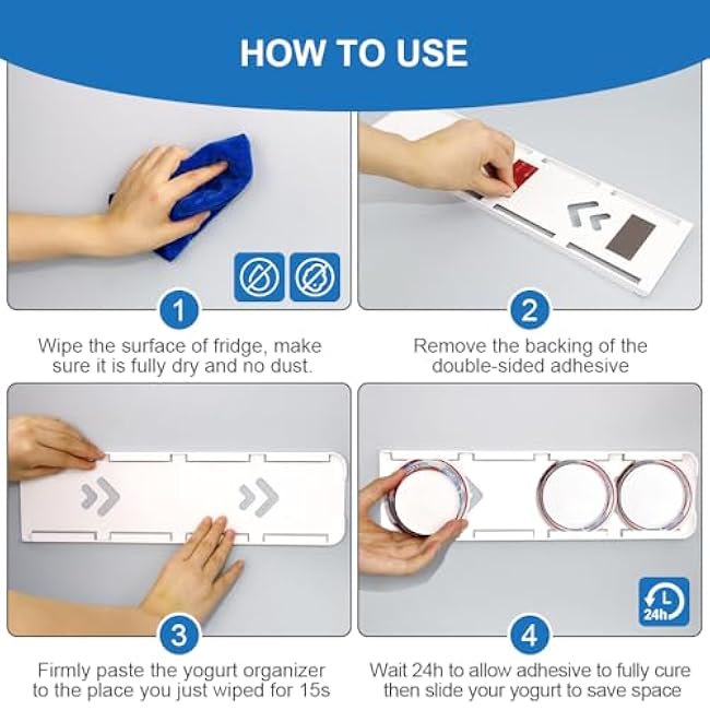 Sophico Yogurt Organizer for Fridge, 4 Capacity Yogurt Sliders for Refrigerator, Yogurt Holder with Adhesive Tapes for 3.75 Inch In Diameter Yogurt, Greek and Vegan Yogurt (White,2 Pack)