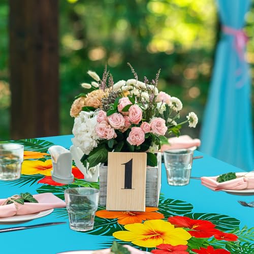 Image of Irenare 3 Sheets Hawaiian Luau Tablecloths for Party Decoration 54 x 108'' Tropical Palm Leaves Table Cloth Hawaii Disposable Rectangular Plastic Table Cover for Summer Beach (Rose Red,Blue,Yellow)