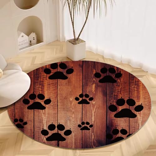 Animal Footprint Wood Grain Round Rug Vintage Burnt Orange Living Room Circle Area Rugs 3ft Washable Soft Non Slip Low Pile Indoor Floor Carpet for Bedroom Office Kitchen Coffee Table