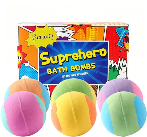 Beauenty 6PC Bath Bomb for Kids with Surprise Heroes Toys Inside Safe Natural&NON-TOXIC Bubble Bath Bomb Bath Bomb Gifts Set for Kid Birthday Christmas New Year Gifts for Children Boys Girls
