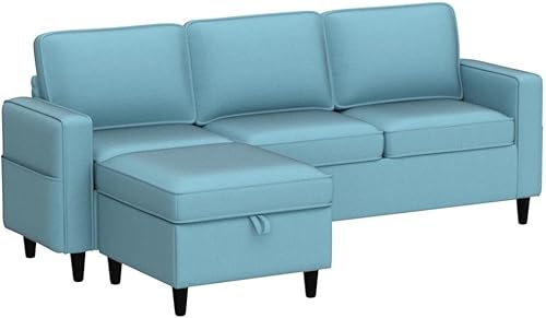 Miniatura 5 de CECER Sofá seccional convertible sofá en forma de L de 3 plazas con otomana de almacenamiento sofás con tela de lino sala de estar para espacios