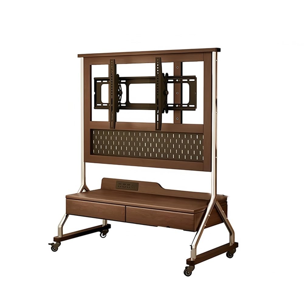 JKJZSALJ Solid Wood Mobile Tv Stand With Wheels, Floor Tv Stand With Storage Drawers Rolling Tv Cart For 40-85 Inch Tvs, Living Room Media Console With Power Strip,Brown,b,102X53X119 CM
