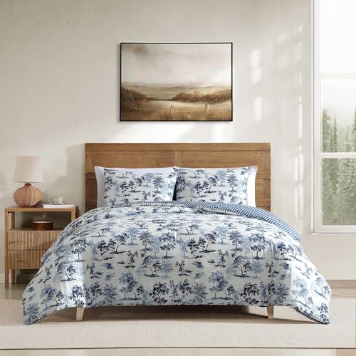 Image of Eddie Bauer - King Comforter Set, Super Soft Reversible Bedding with Matching Shams, Buffalo Check Reverse, Rustic Inspired Room Essentials (Vintage Forest Toile Blue, King)
