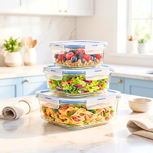 Image of ALTITUDE Borosilicate Glass Food Storage Containers Set of 3 with Airtight Locking Lids, 340ml 500ml 820ml, Insulated Lunch Bag & 120ml Glass Jar, Microwave Oven Freezer Safe