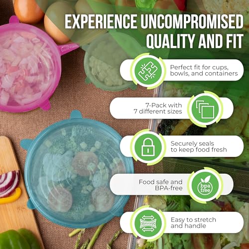 Image of Reusable Silicone Stretch Lids for Food Storage in Fridge - Elastic Heat-Resistant Bowl Covers, Cups, Cans, Jars - Universal Food Grade Lid for Round and Rectangle Containers - 7 Pack - Multicolor