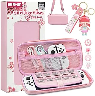 BRHE Pink Carrying Case Kit for Nintendo Switch/Switch oled Accessories Hard Portable Protective Bundle Travel Bag Shock/Water-Proof Shell with Thumb Grip Caps and Doll Pendant.