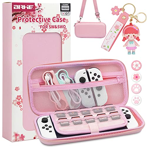 BRHE Rosa Tasche Zubehör für Nintendo Switch/Switch Oled/Lite Hartes Tragetasche Schutzpaket Reisetasche Hülle mit Daumengriffkappen und Puppenanhänger Cover