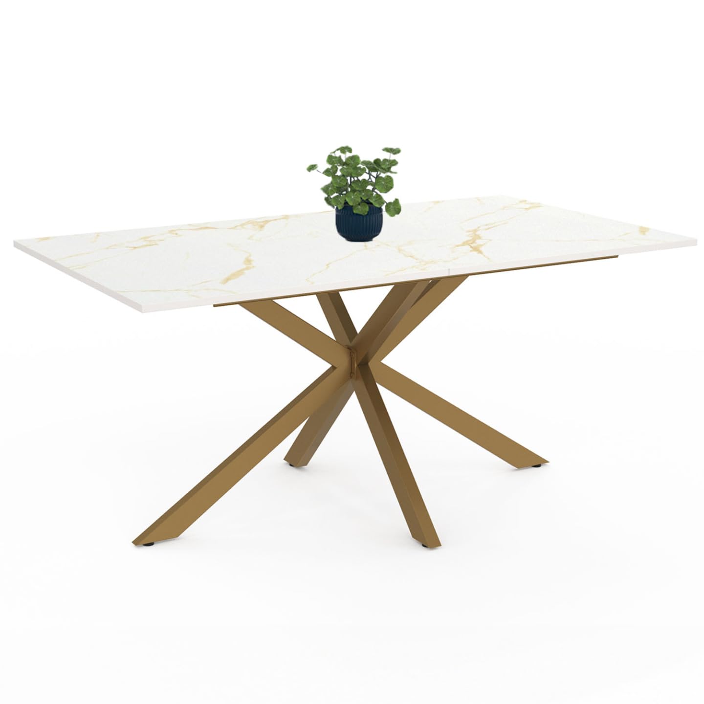 IDMarket - ALIX Tavolo da pranzo rettangolare per 8 persone con gamba a ragno in ottone e piano effetto marmo bianco ALASKA 160 cm