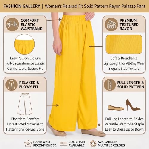 Image of FASHION GALLERY Women's Solid Rayon Palazzo Pants | Relaxed Fit Full Length Wide Leg Palazzo | Elastic Waist Comfortable Casual Lounge Office Ethnic Flared Trousers for Women