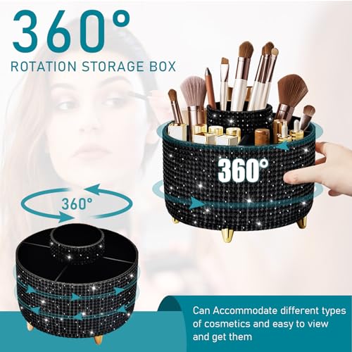 Image of Diesisa Bling Diamond 360 Makeup Brush Holder Organizer, Rotating Makeup Brush Organizer,5 Slot Make up Brushes Cup for Cosmetics, Vanity Desktop Organizer, Gift for Women Teen Girls- Diamond Black