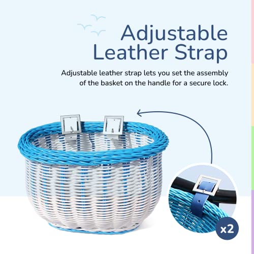 Colorbasket Front Handle Bar Kids Bike Basket, Water Resistant, Leather Straps, White With Blue Trim #TOP7