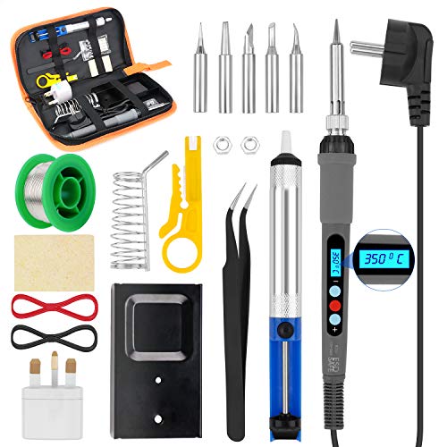 Guokukey - Juego de soldador con termostato digital 15 en 1 con temperatura ajustable para soldar, puntas de soldadura, alambre de soldadura, pinzas y soporte con esponja de limpieza, color negro